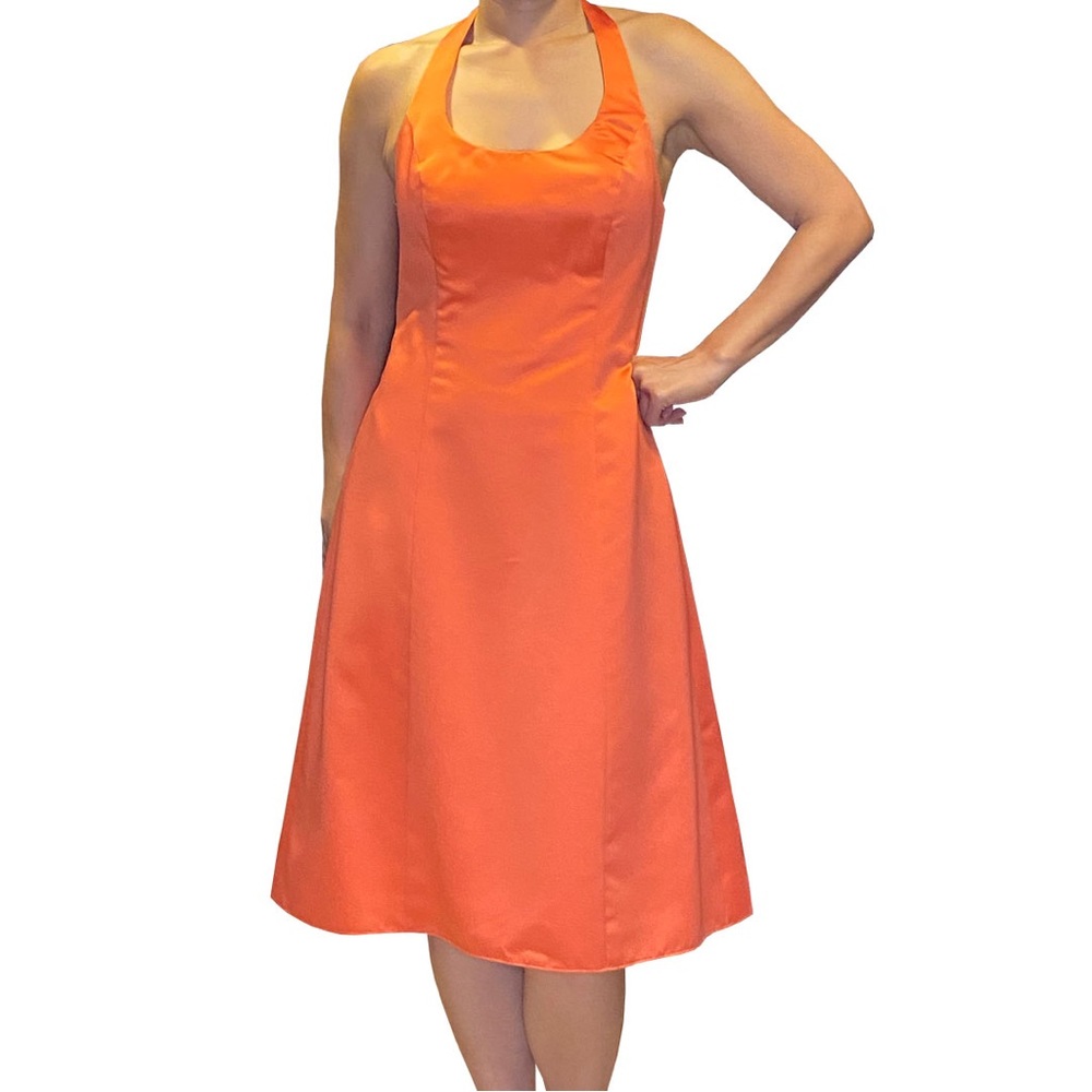 David’s Bridal Sleeveless Palm Beach Coral Scoop Halter Bridesmaid Dress